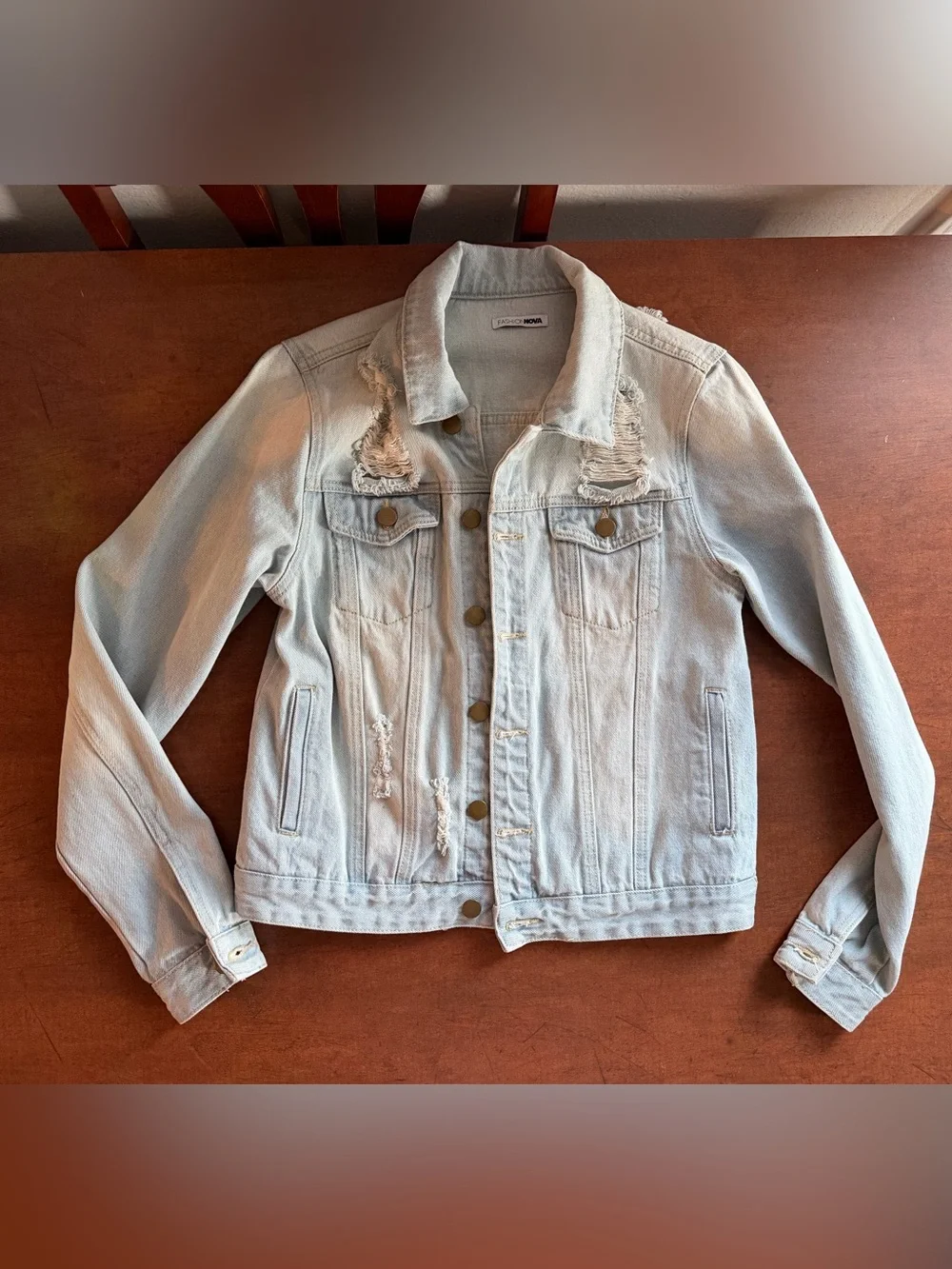 Fashion Nova Light Wash Distressed Denim Jacket
